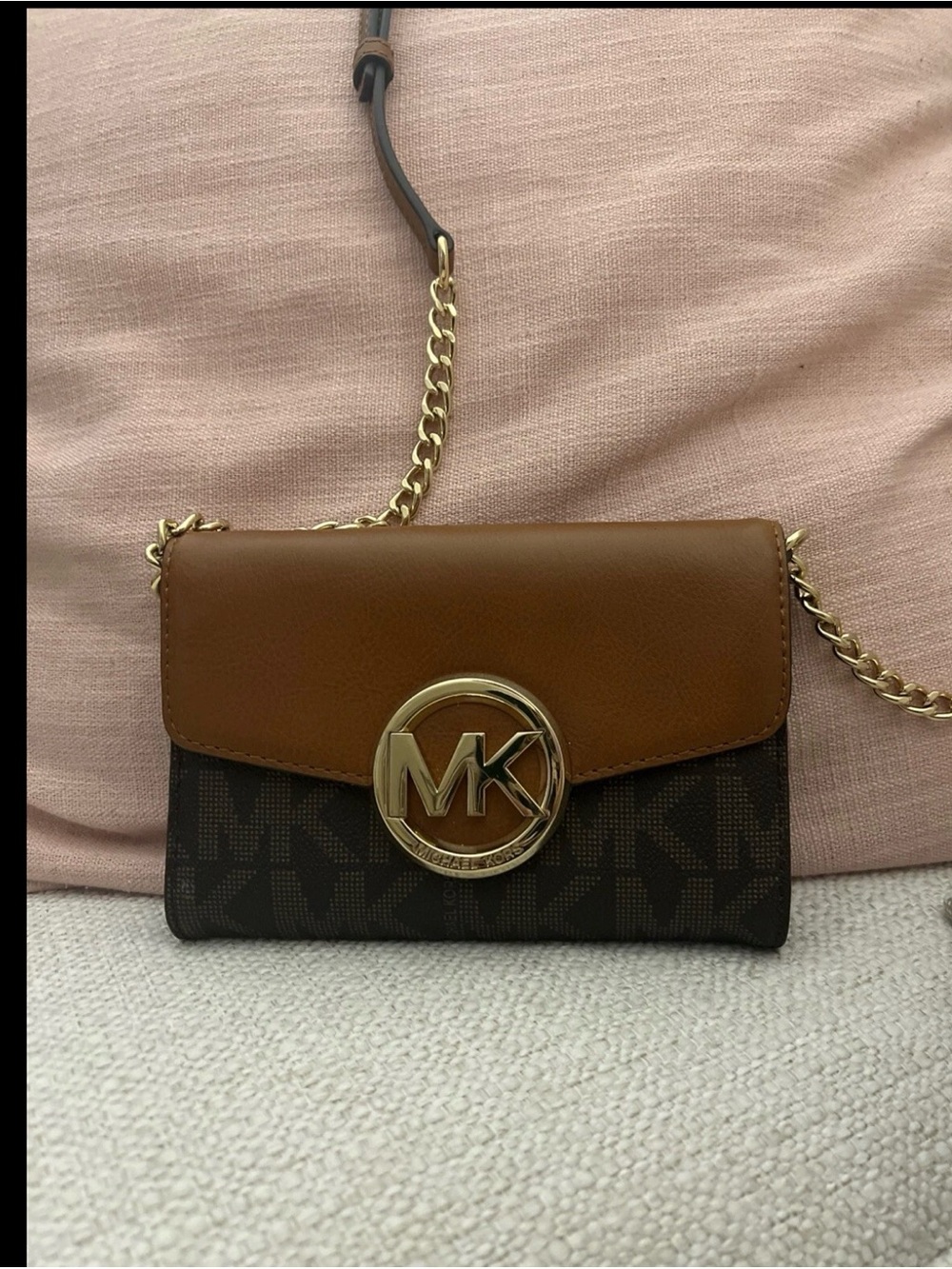 Michael Kors Brown & Tan Logo Chain Crossbody Wallet